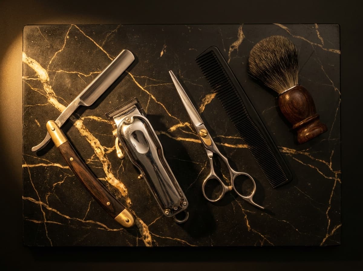 Barber-Werkzeug auf schwarzem Marmor — The Gentleman Coiffeur